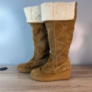 Michael Kors Tan Heeled Boots Y2K Wedge Suede Shearling Crosby 8.5